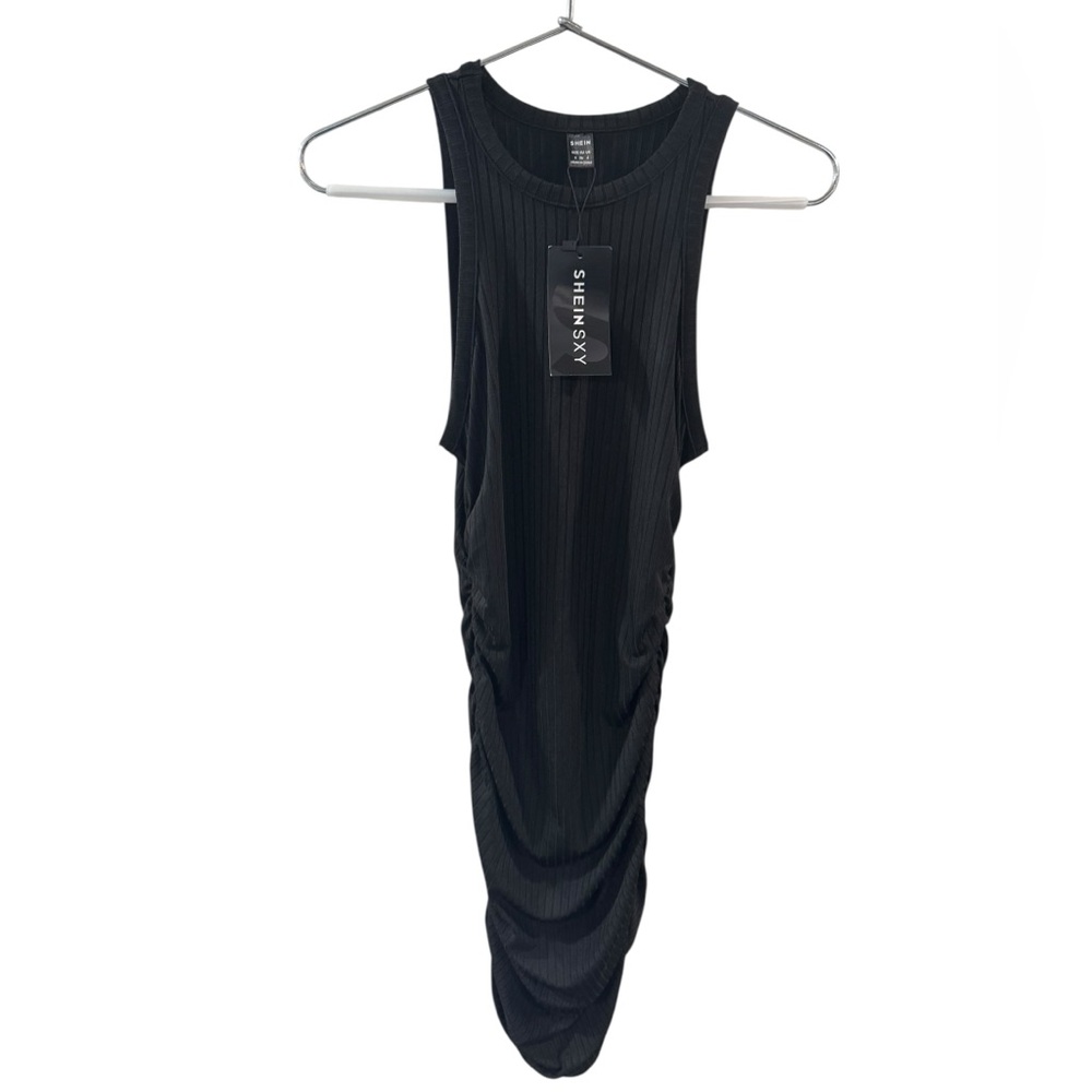 SHEIN Black Ribbed‎ Ruched Tank Midi Dress